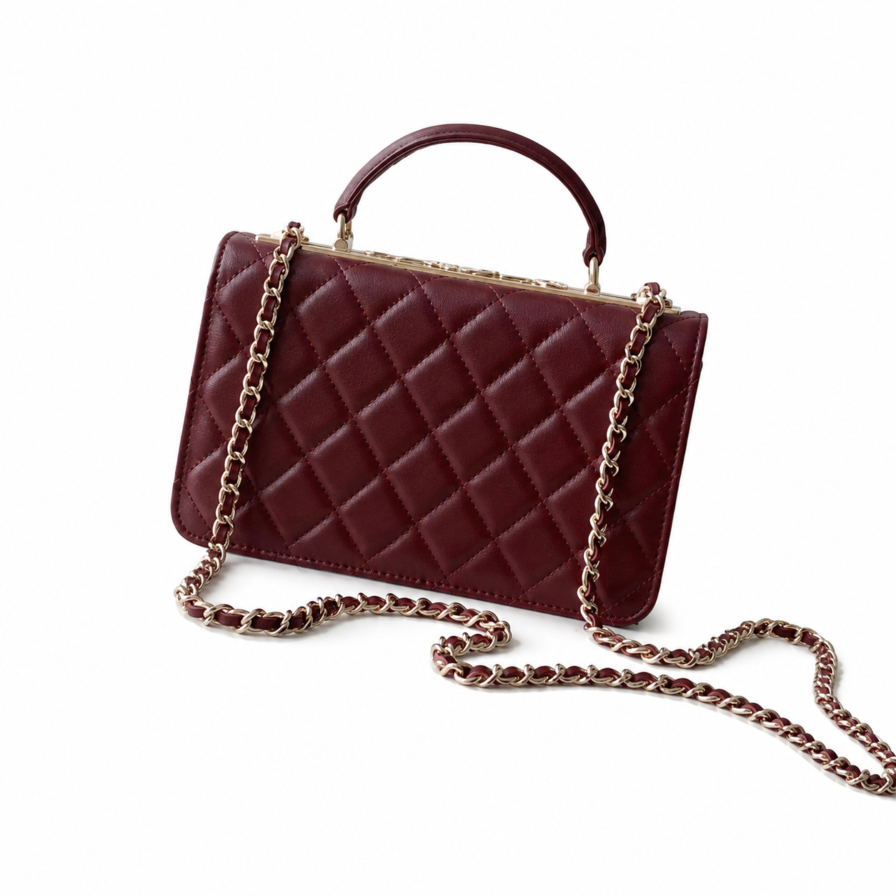 Chanel Burgundy Quilted Lambskin Flap Bag | Pavé Crystal & Pearl CC Turn-Lock, Gold Leaf Motif & Rigid Top Handle