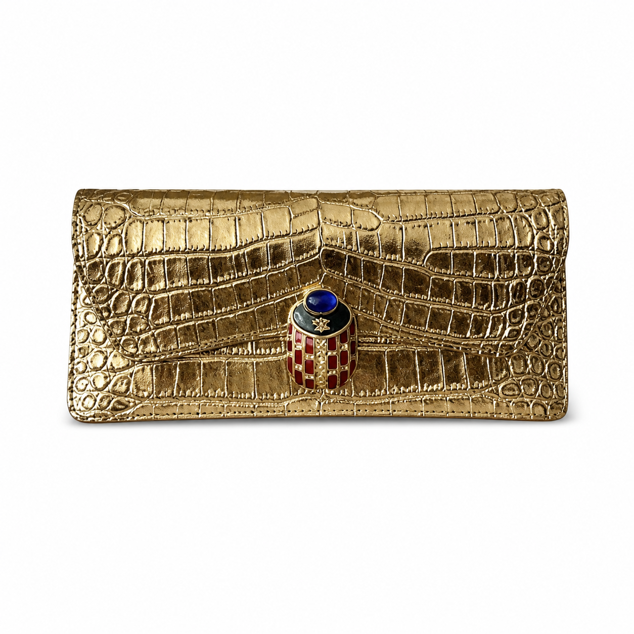Chanel Gold Croc-Embossed Evening Clutch | Jeweled Scarab — Blue Lapis & Red Enamel Gold Star — 30cm