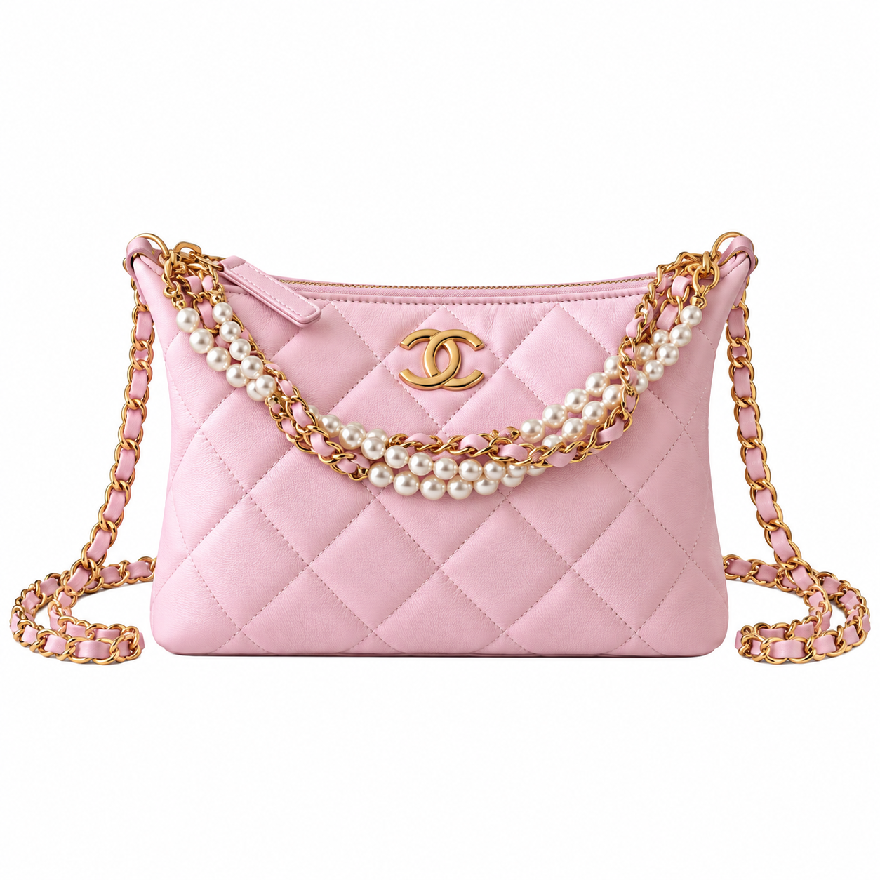 Chanel Quilted Pearl Chain Hobo Bag Pink 13×23.5×7.5cm