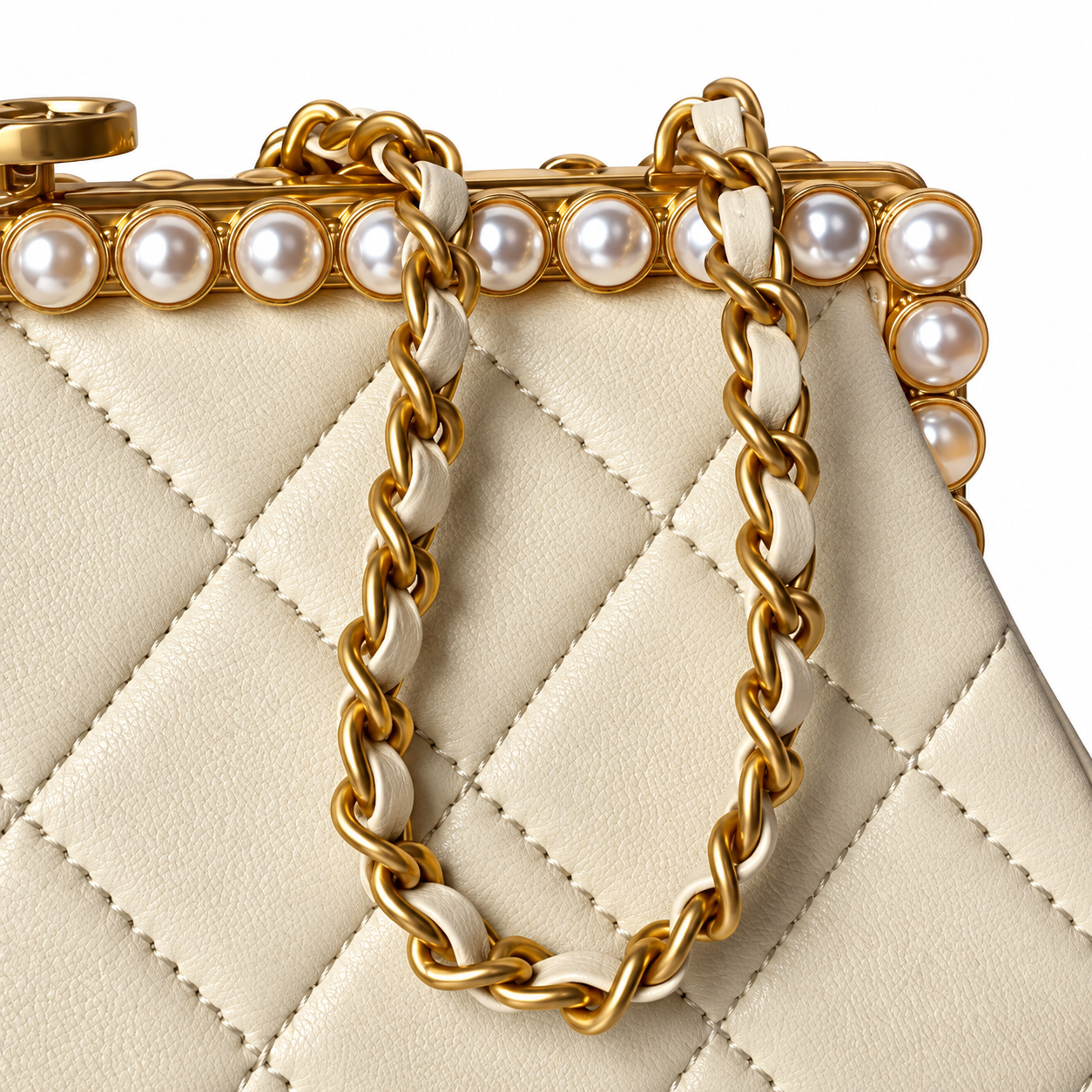 Chanel Pearl Frame Quilted Clutch Cream 10×20×7cm