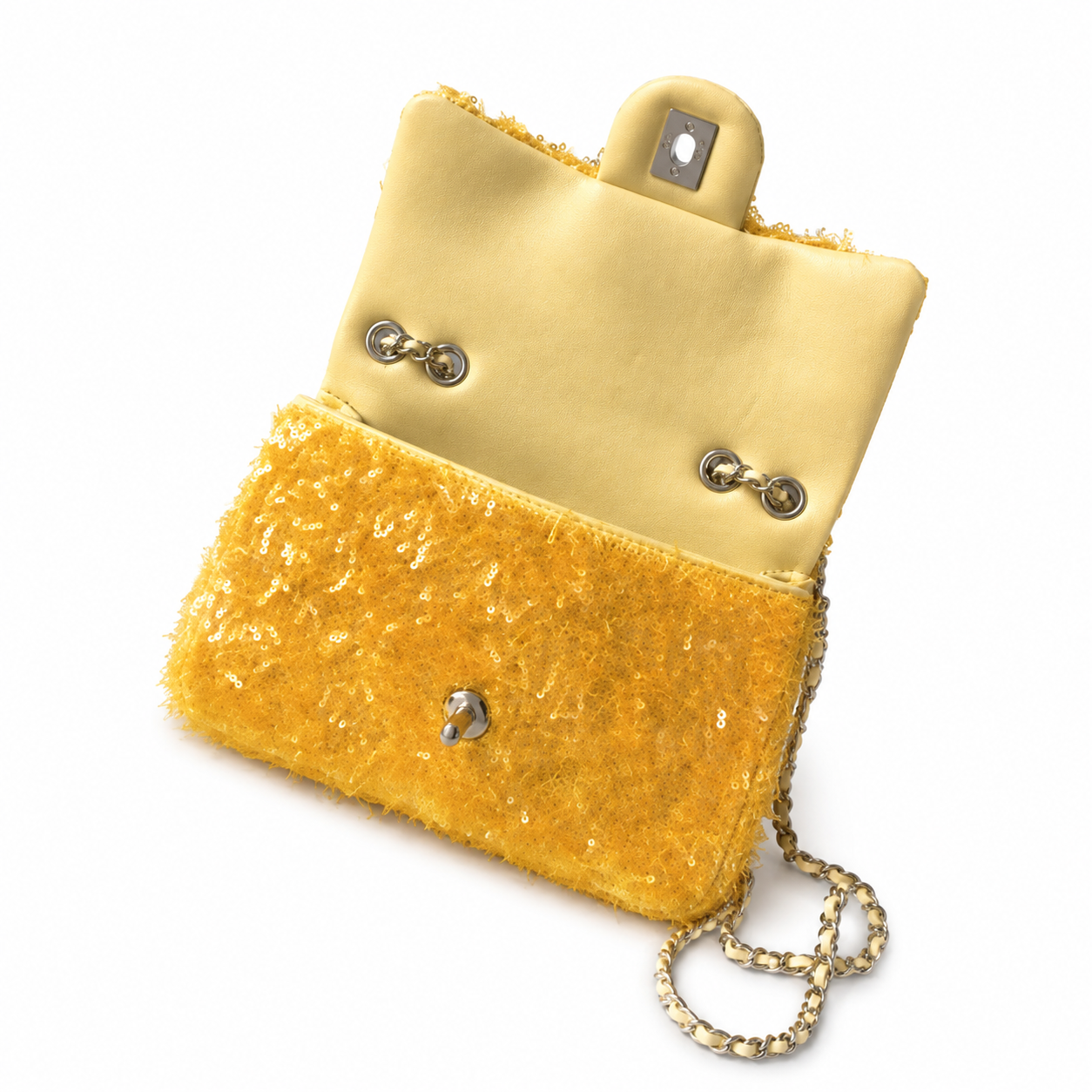 Chanel Sunflower Yellow Sequin on Bouclé Flap Bag | Silver CC & Cream Leather Interior