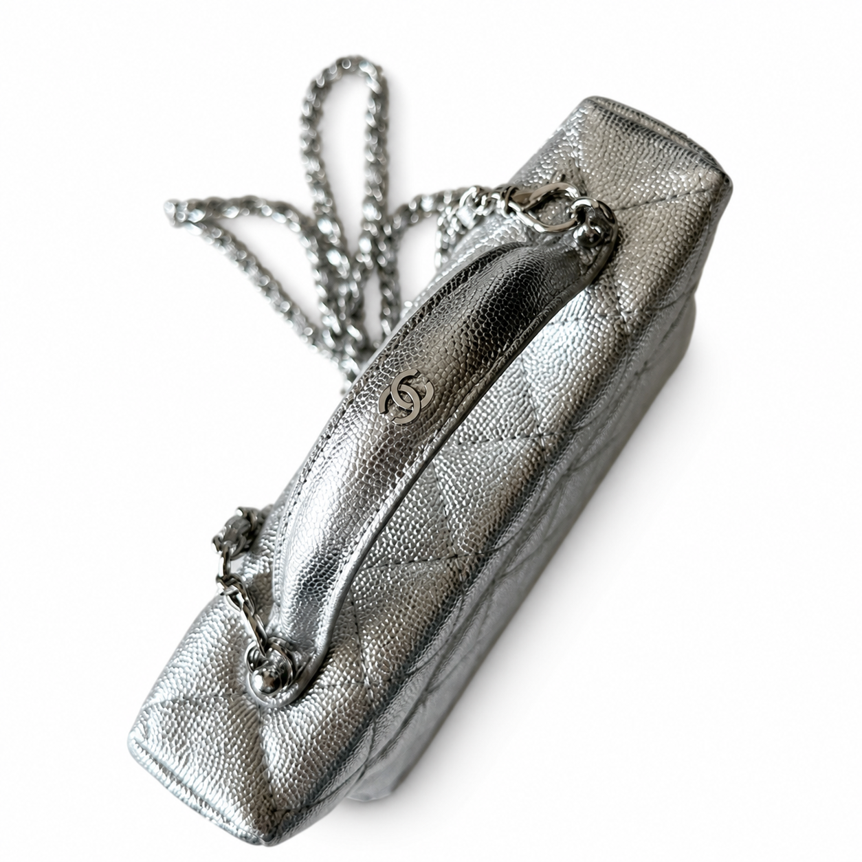 Chanel Silver Metallic Quilted Caviar Vanity Box Bag | Top Handle & Silver Chain