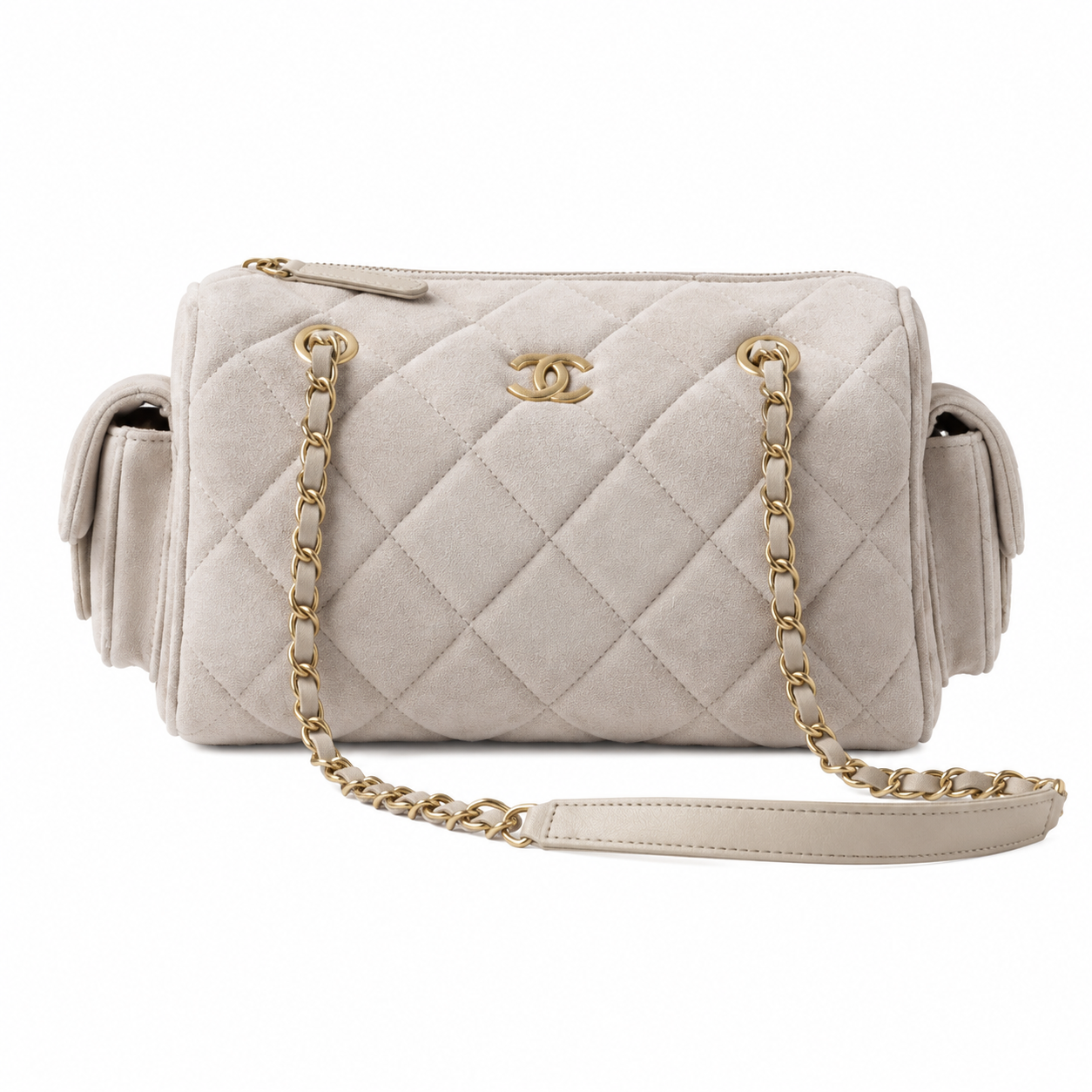 Chanel Ivory Suede Quilted Camera Bag | Gold CC, Leather Base with Dome Feet, Side Pockets & Tonal Double Chain