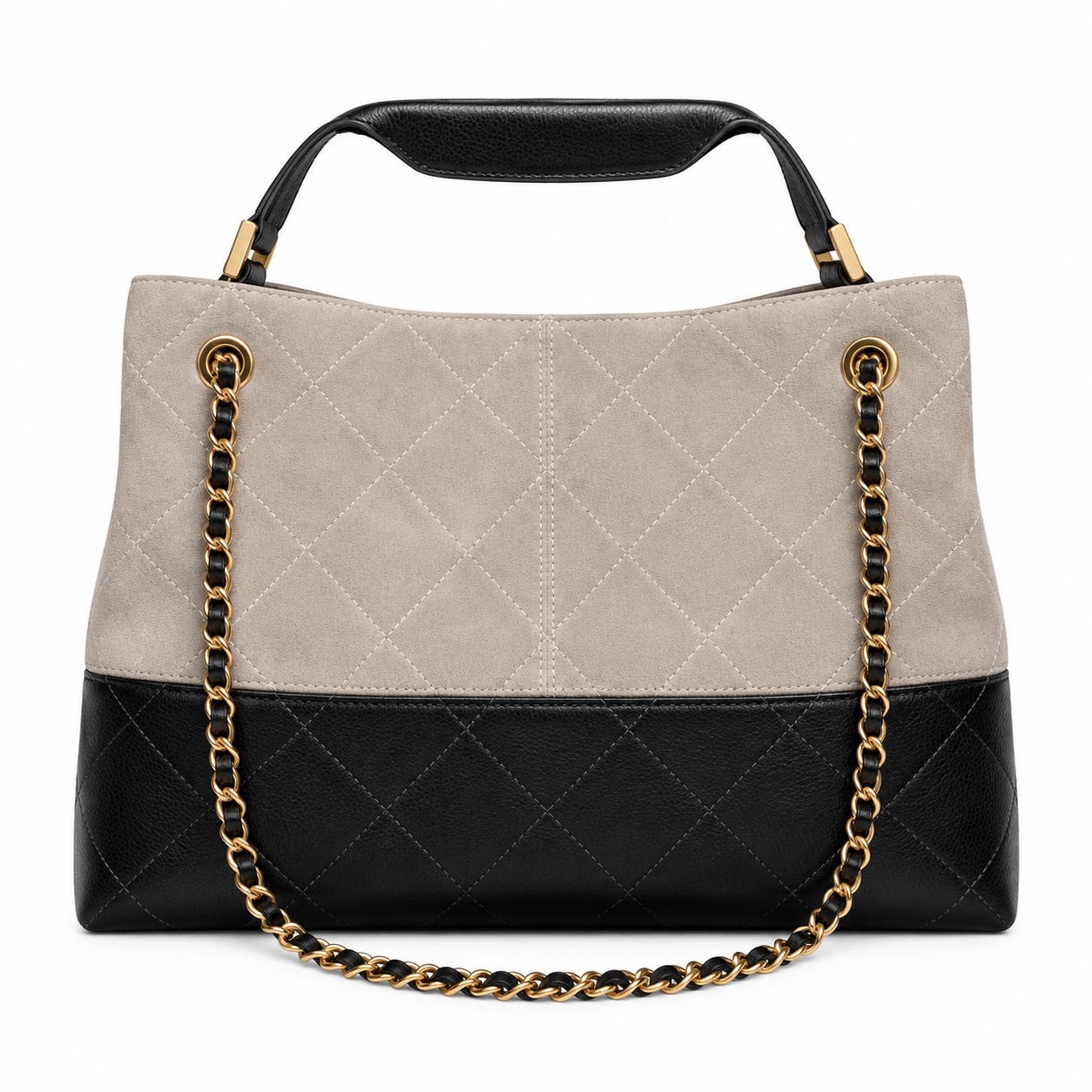 Chanel 24B Bicolor Suede Lambskin Quilted Hobo Bag Stone Black 24×36×14cm