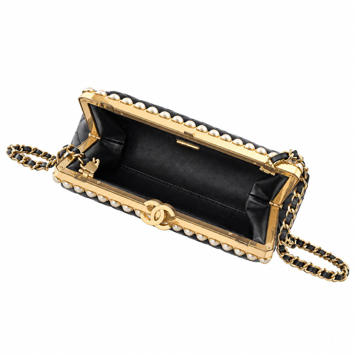 Chanel Pearl Frame Quilted Clutch Black 10×20×7cm