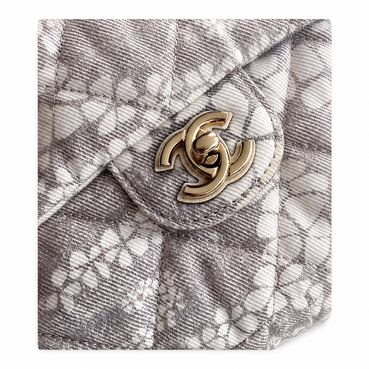 Chanel Grey & White Floral Lurex Twill Jacquard Small Classic Flap Bag | Champagne Gold CC Turn-Lock & Grey-White Leather Chain