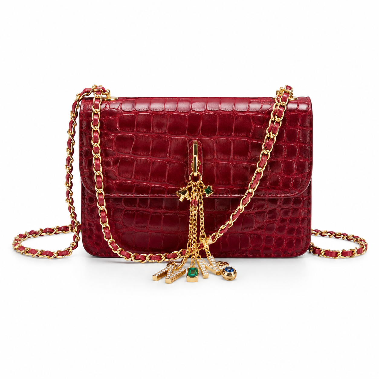 Chanel Ruby Red Croc-Embossed Flap Bag | Gold Bar Push-Lock & Multi-Stone Jewelled Tassel