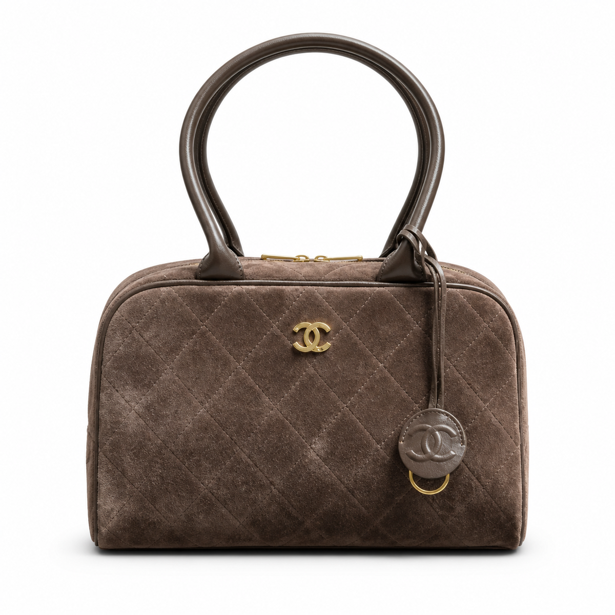 Chanel Bowling Bag Espresso Brown Diamond-Quilted Suede | CC Charm Zip Pull & Loop Handles — 29cm