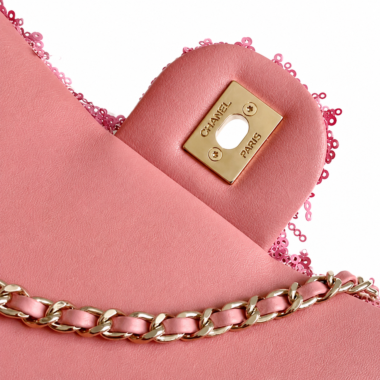 Chanel Pink Ring-Sequin & Leather Flap Bag | CHANEL PARIS Exterior Plaque, Rose Gold Chain & Full Pink Tonal System