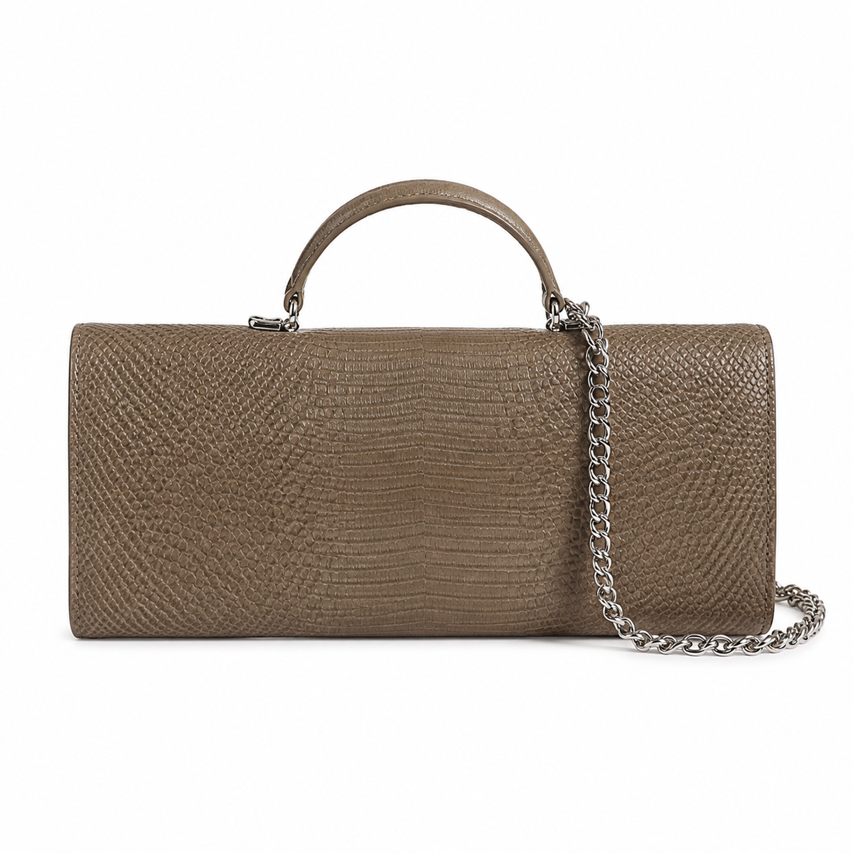 Chanel Bronze Metallic Lizard-Embossed Baguette Flap Bag | Top Handle & Silver Chain