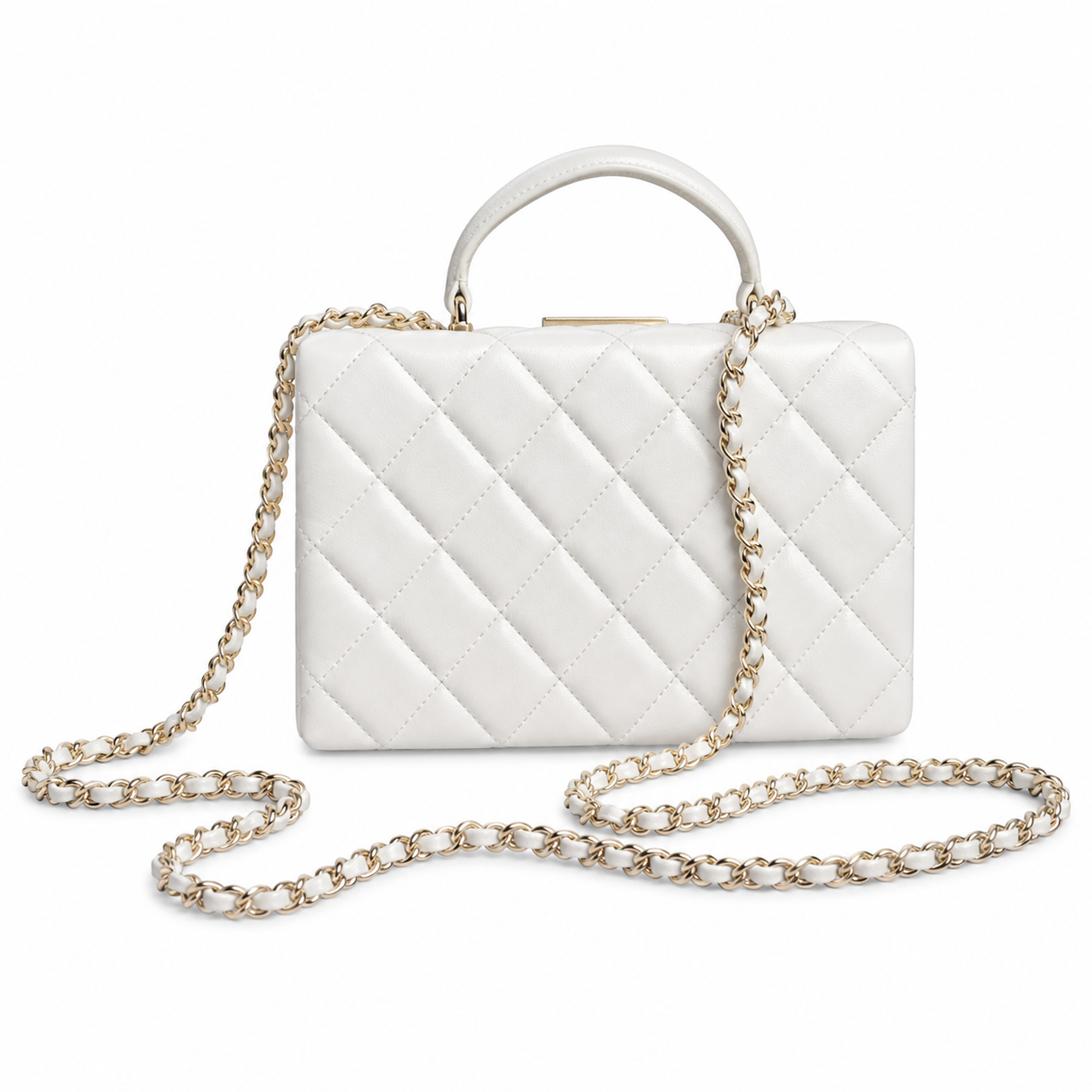 Chanel Mini Quilted Flap Bag White Lambskin | Black Enamel CHANEL Bar Clasp — 18cm