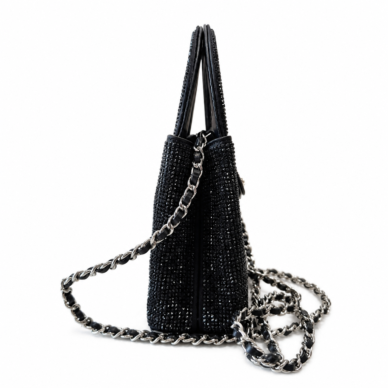 Chanel Black Crystal Mini Top-Handle Flap | Crystal Arch Handle & Silver Chain — 19cm