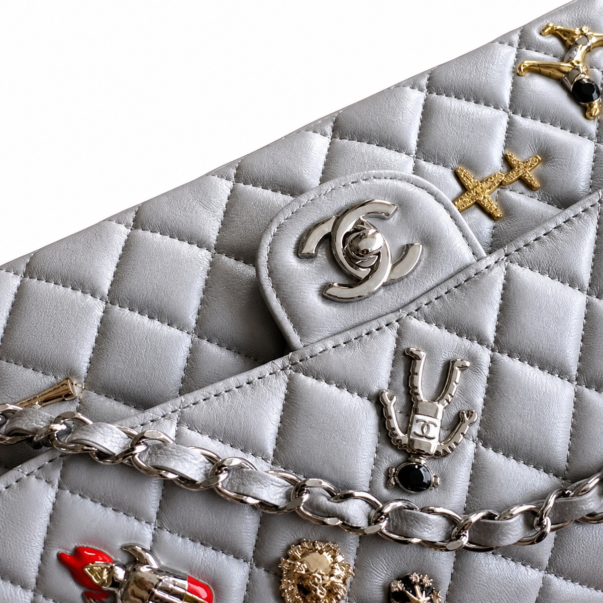 Chanel CC Quilted Double Flap Bag | Grey Lambskin & Silver — 25cm