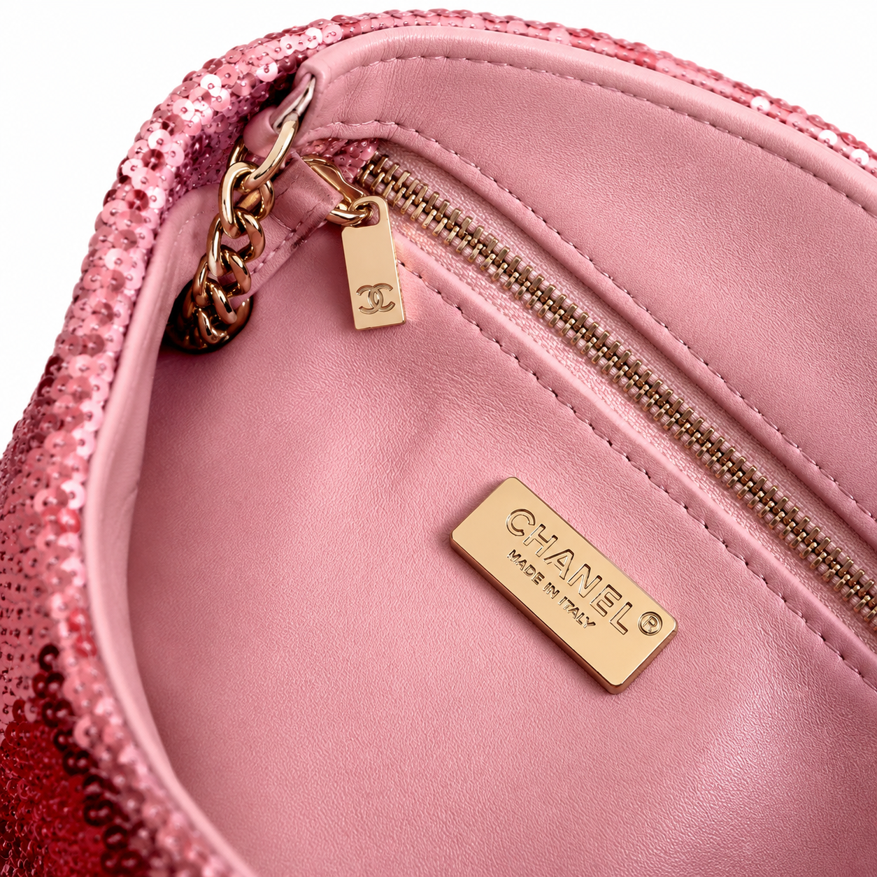 Chanel Pale Pink & Burgundy Sequin Flap Bag | Precision Geometric Border, Rose Gold Chain & Hidden CC Zip Pull
