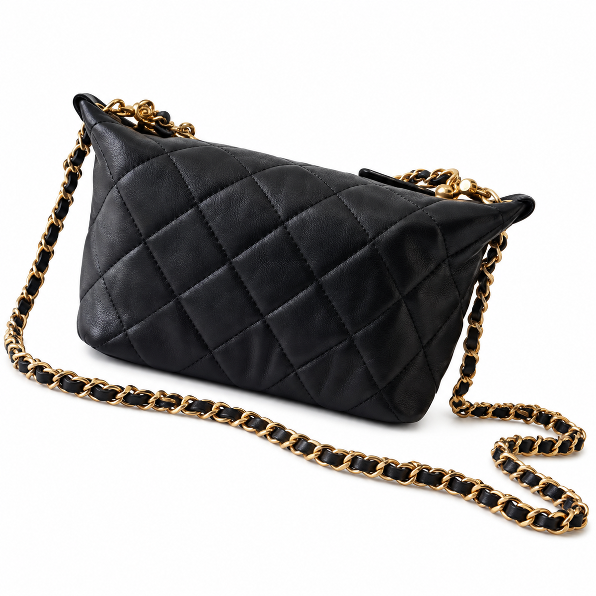 Chanel Quilted Zip Hobo Bag Black 13×23.5×7.5cm