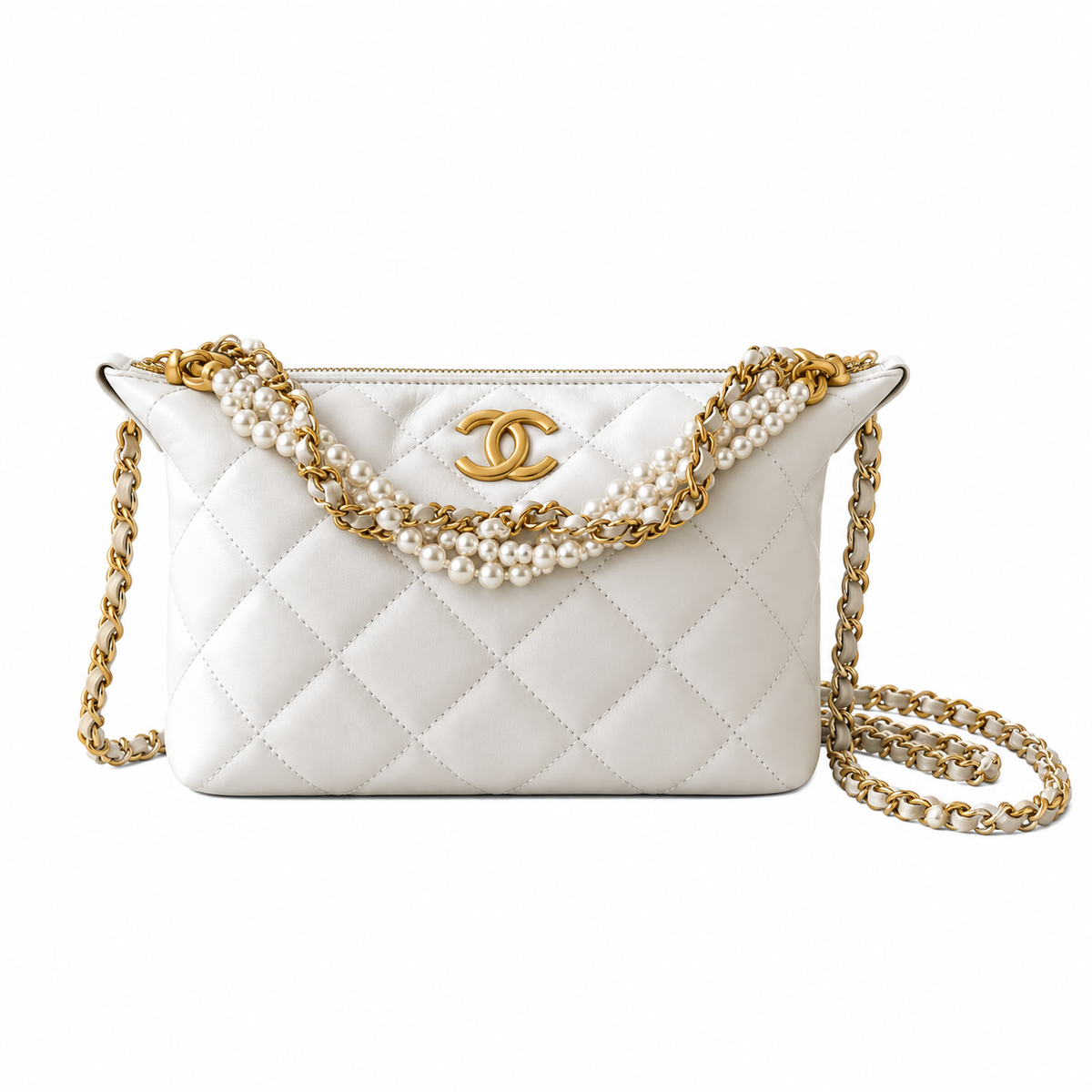 Chanel Quilted Zip Hobo Bag White 13×23.5×7.5cm