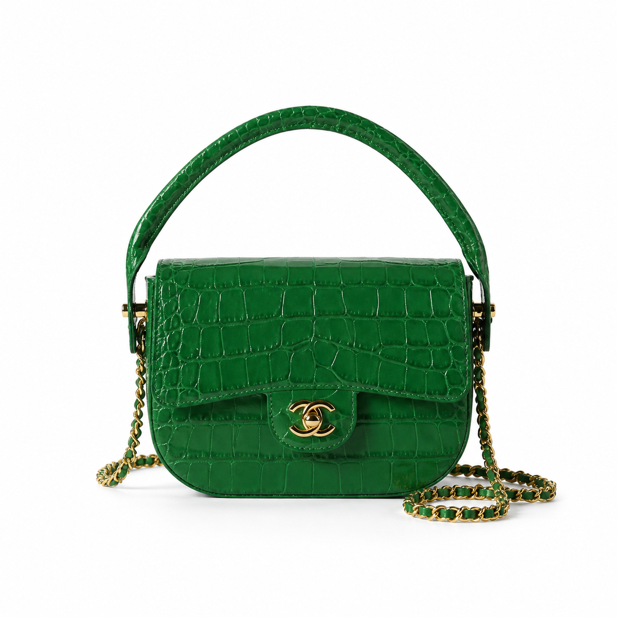 Chanel Emerald Green Croc Mini Flap Top Handle Bag | Antique Gold CC — 19.6cm