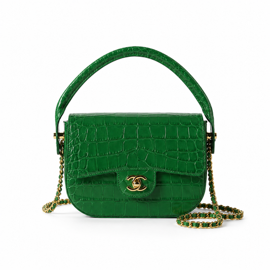Chanel Emerald Green Croc Mini Flap Top Handle Bag | Antique Gold CC — 19.6cm