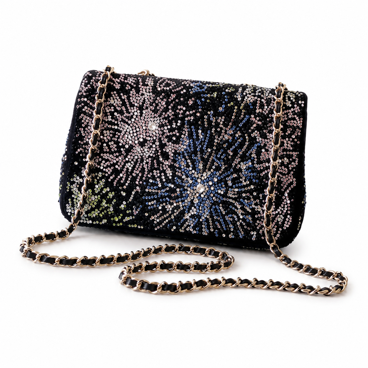 Chanel Black Suede Multicolour Crystal Rhinestone Flap Bag | Star-Field Front, Fireworks Starburst Back & Gold CC