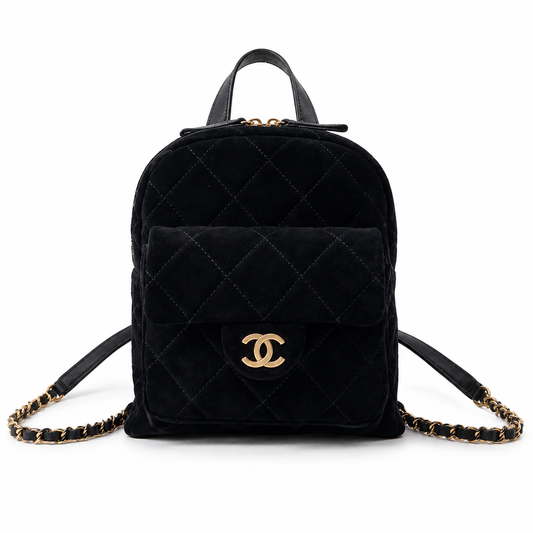 Chanel Velvet Quilted Mini Backpack | CC Turn-Lock Gold Chain Black — 22cm