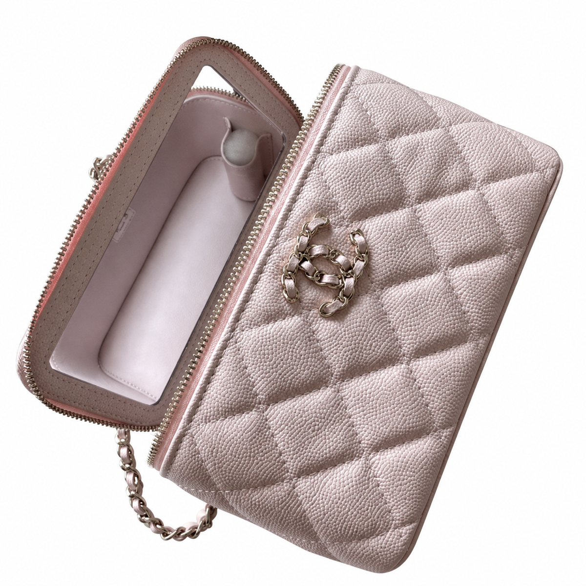 Chanel Pink Quilted Caviar Vanity Box Bag | Built-In Mirror & Silver Chain