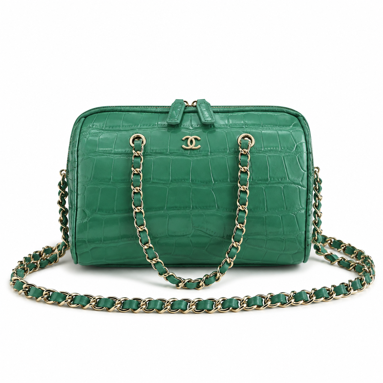 Chanel Jade Green Croc-Embossed Camera Bag | Gold CC Badge & Burgundy Interior