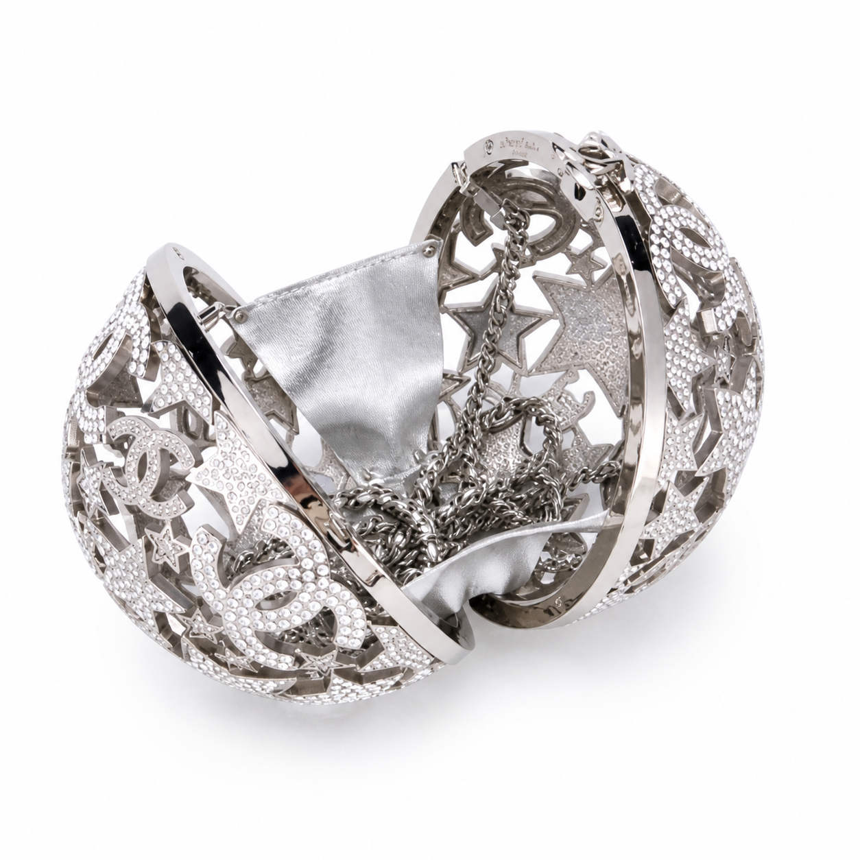 Chanel CC Crystal Star Globe Minaudiere | Silver Filigree & Chain — 13cm