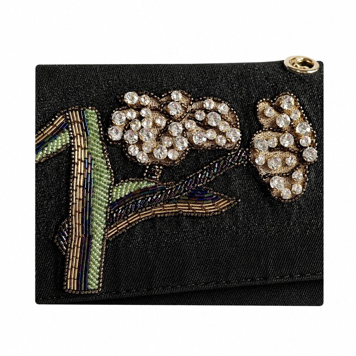 Chanel Dark Denim Medium Flap | Hand-Embroidered Crystal Flowers & Antique Gold CC — 25.5cm