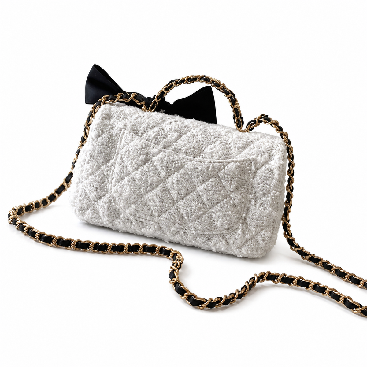 Chanel Quilted Flap Bag White Sparkle Tweed | Black Satin Bow & Gold Chain — 20cm