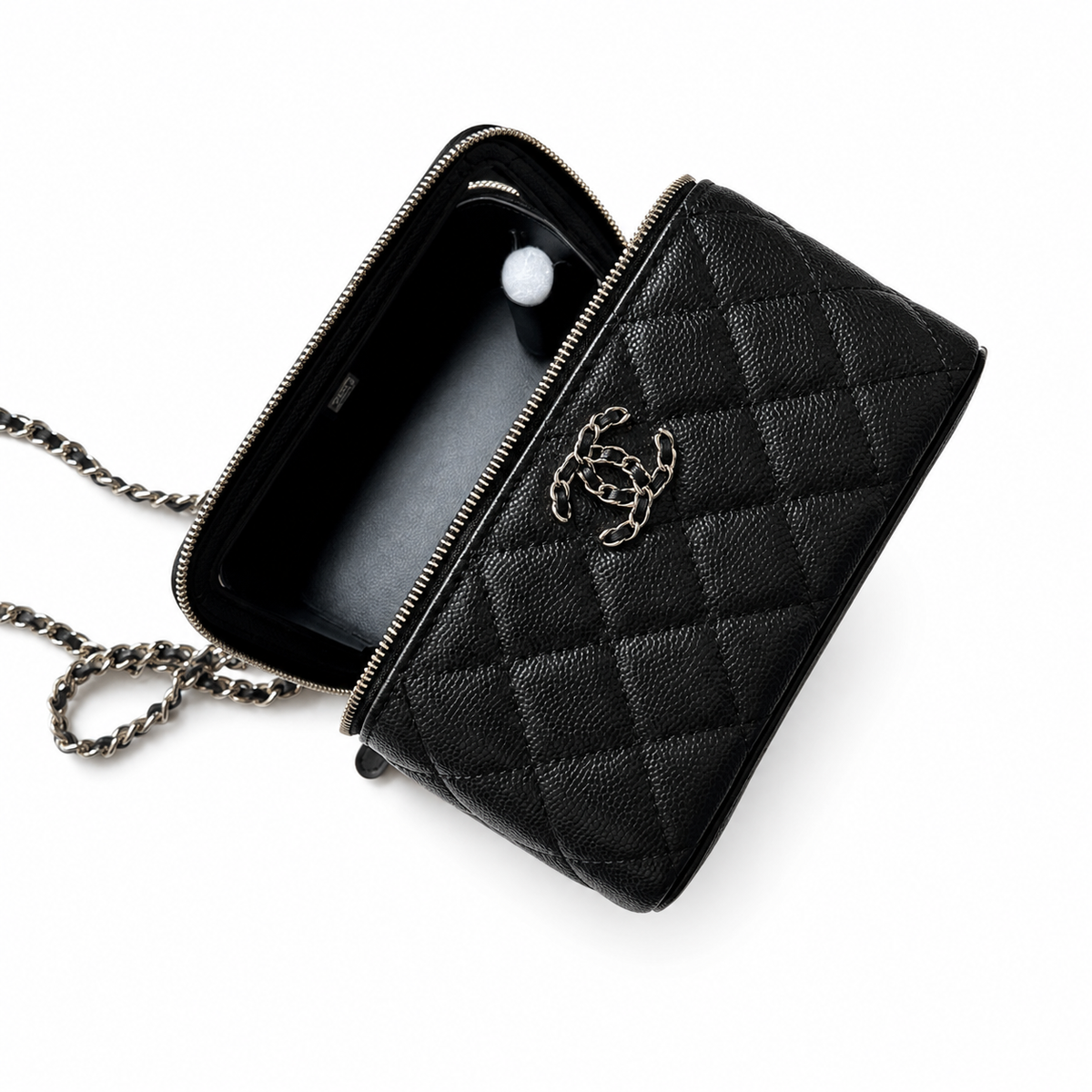 Chanel Black Diagonal Quilted Caviar Vanity Box Bag | Chain Top Handle & Silver Chain