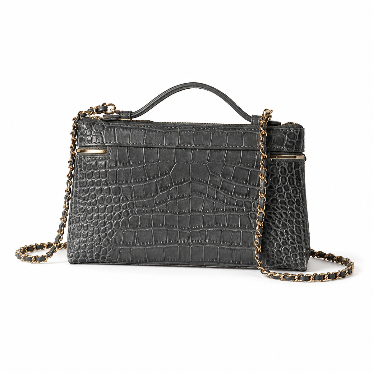 Chanel Slate Grey Croc-Embossed Structured Box Bag | Full-Width Front Zip & Antique Gold Chain