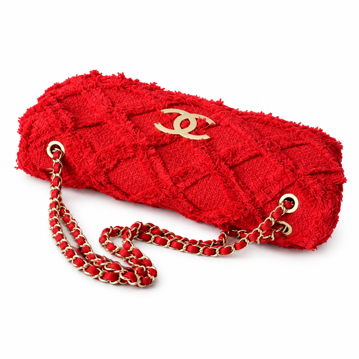 Chanel Large Quilted Tweed Flap Bag Red Gold 38cm