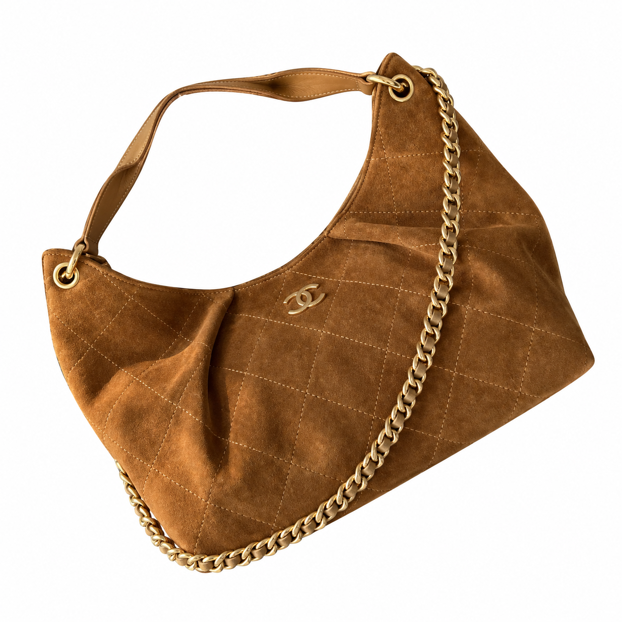 Chanel Quilted Suede Shoulder Hobo Bag Caramel 33×26×14cm