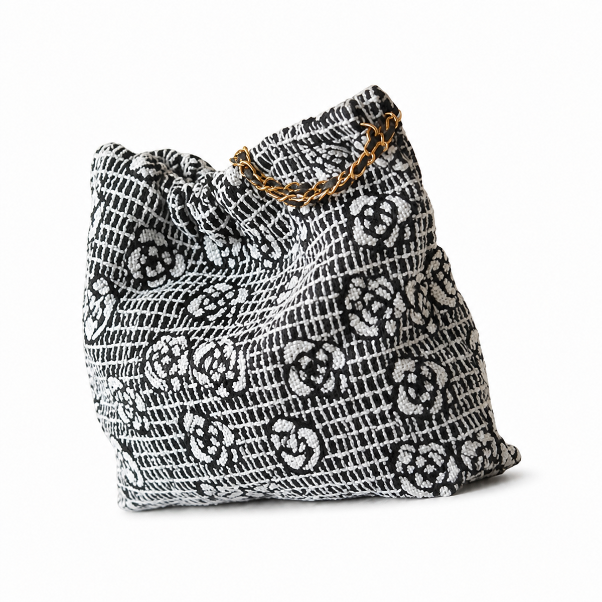 Chanel 22 Bag Large Black & White CC Jacquard Tweed | Gold Chain Handles — 42cm