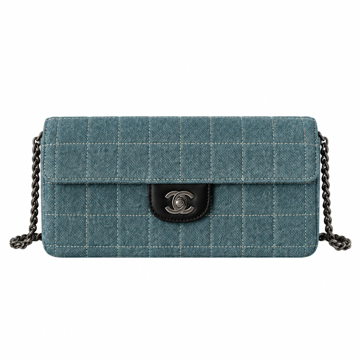Chanel Denim Square Quilted East West Flap Bag Blue Ruthenium 26cm