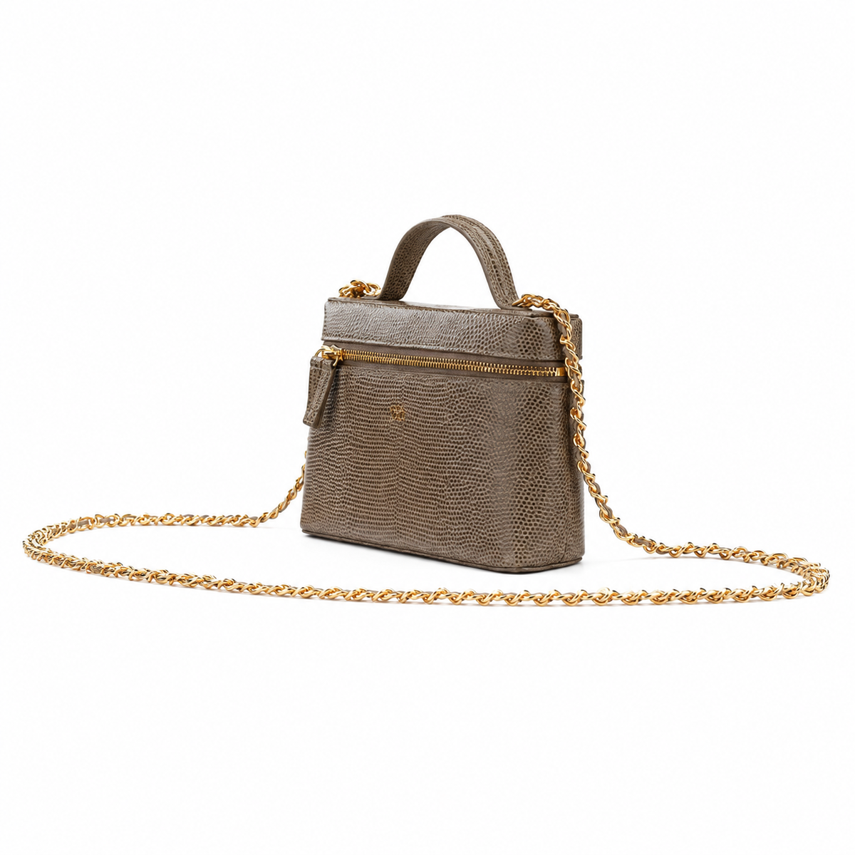 Chanel Warm Taupe Lizard-Embossed Mini Top-Handle Bag | Gold Chain, Zip Top & Card Slots