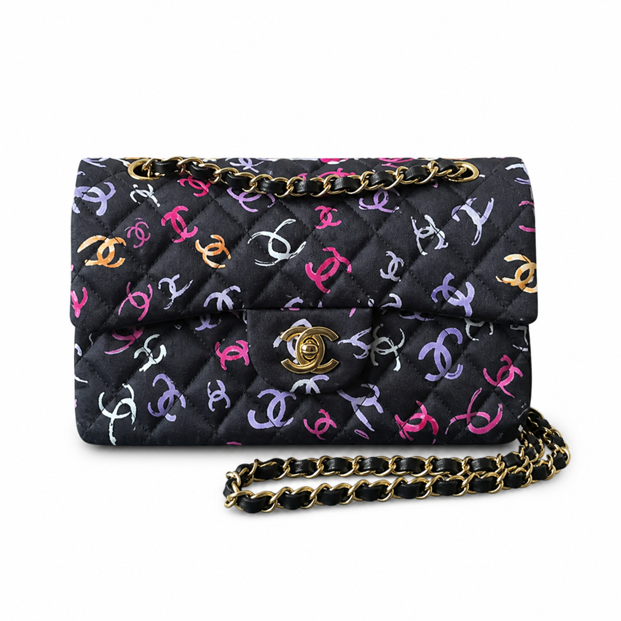 Chanel CC Print Classic Flap Bag | Black Quilted Satin — 23cm