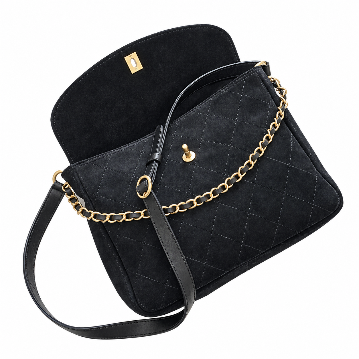 Chanel Quilted Suede Flap Shoulder Bag Black 25×30×7cm