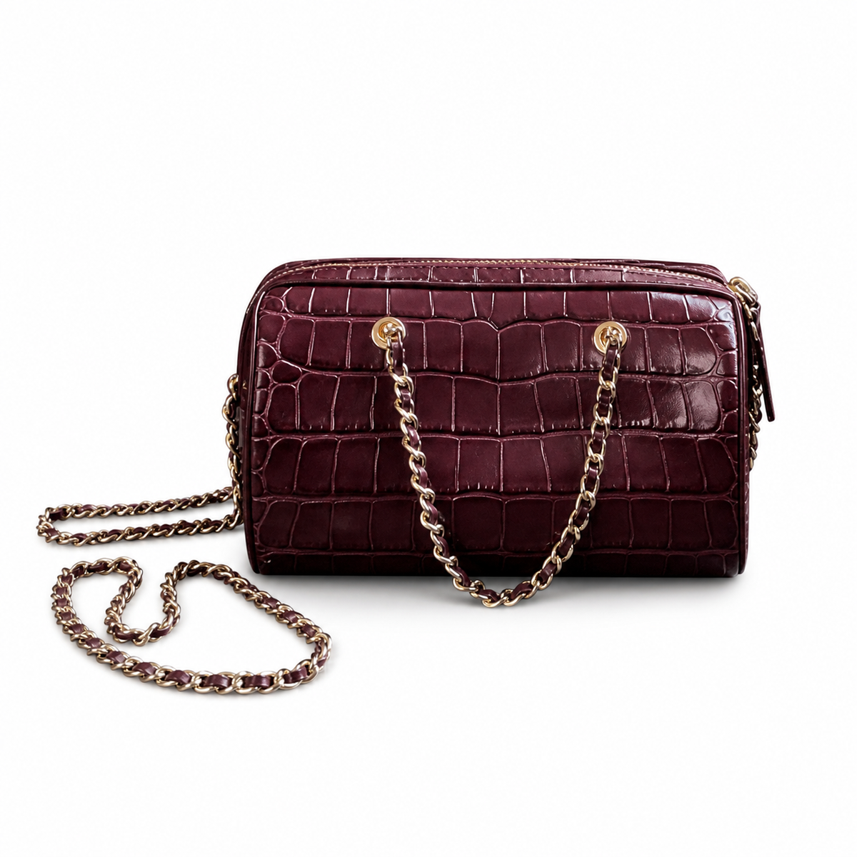 Chanel Burgundy Croc-Embossed Mini Bowling Bag | Gold CC & Chain — 19cm
