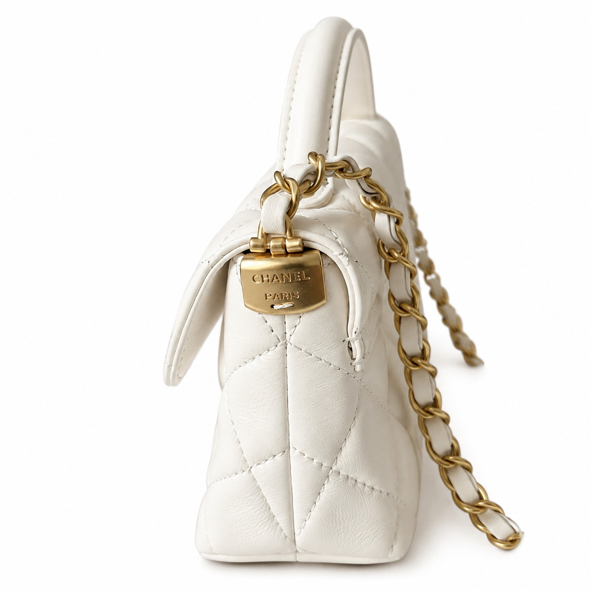 Chanel White Lambskin Quilted Mini Flap Bag | CHANEL PARIS Gold Padlock Clasp & Gold Chain