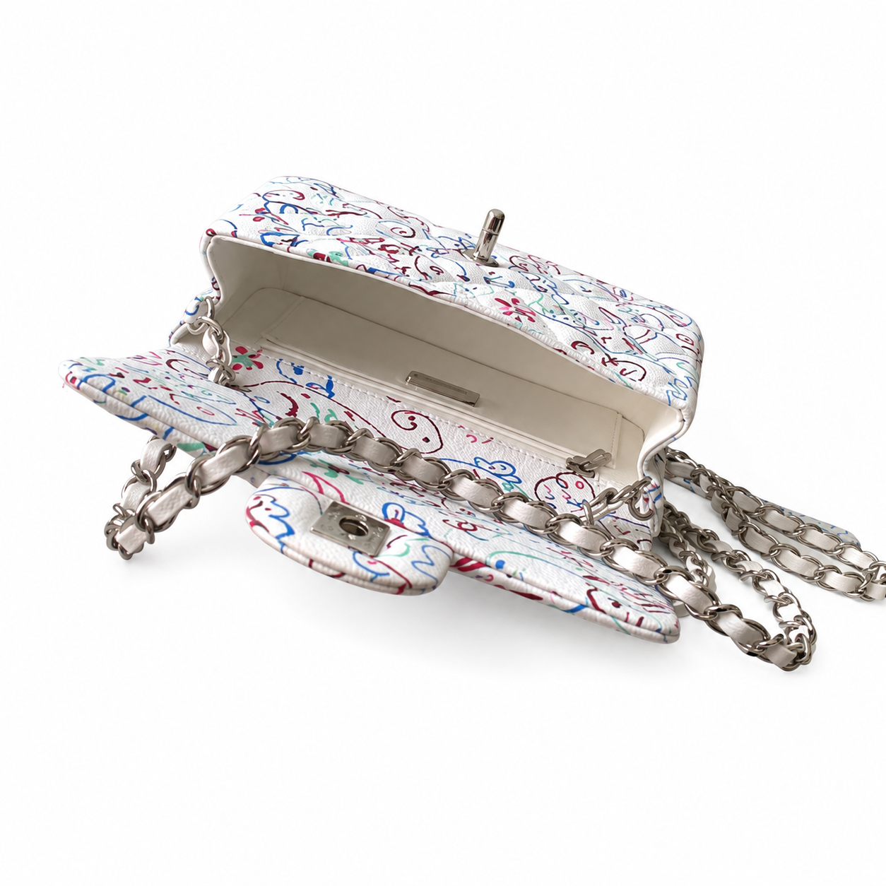 Chanel Mini Rectangular Flap Bag | Graffiti Art Print Silver CC White — 20cm