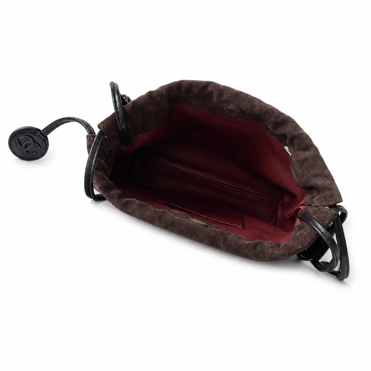 Chanel Chocolate Quilted Suede Drawstring Bucket | Black Cords & Bordeaux Interior — 22cm