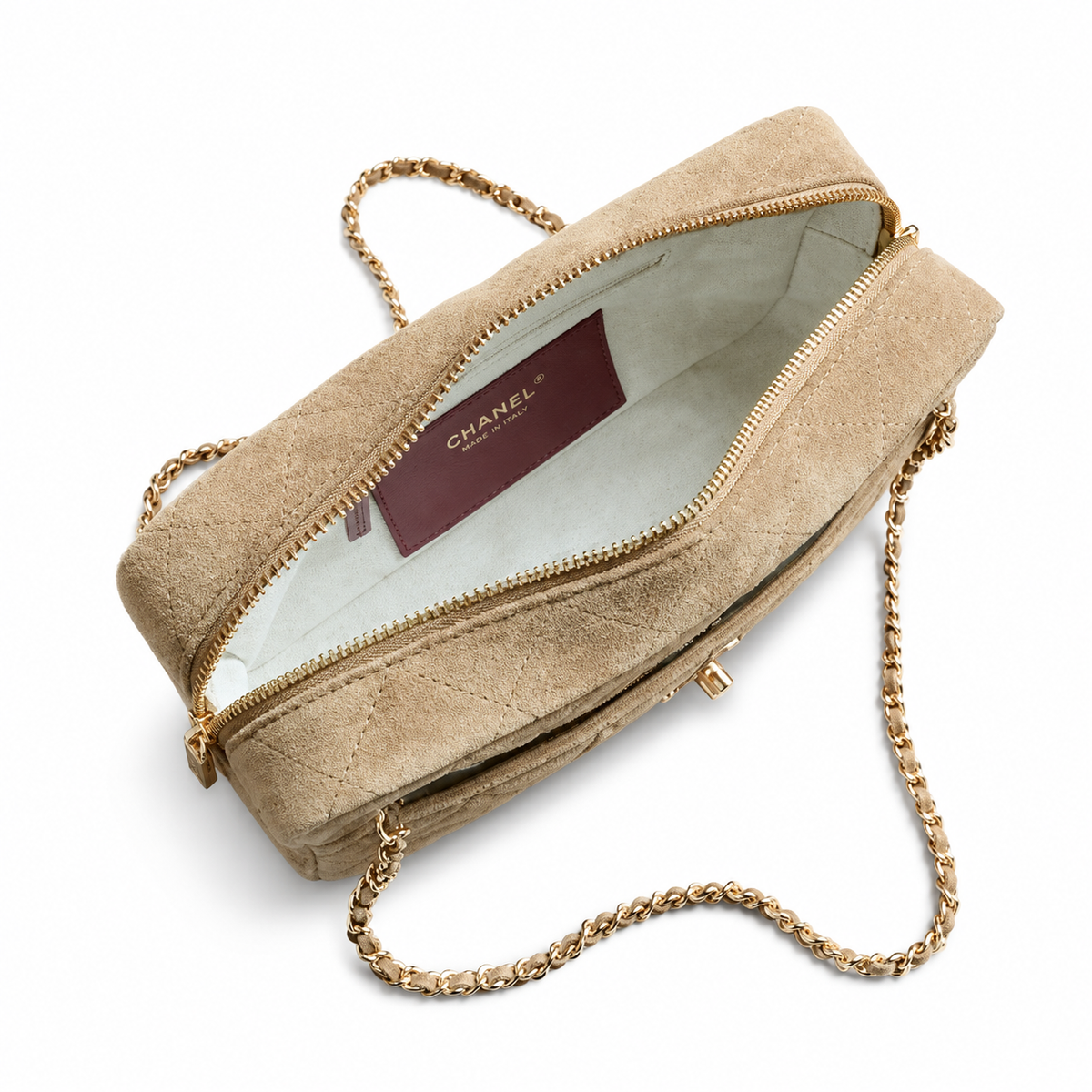 Chanel Camel Suede Quilted Camera Bag | CC Turn-Lock Front Pocket, Top Zip & Gold Chain