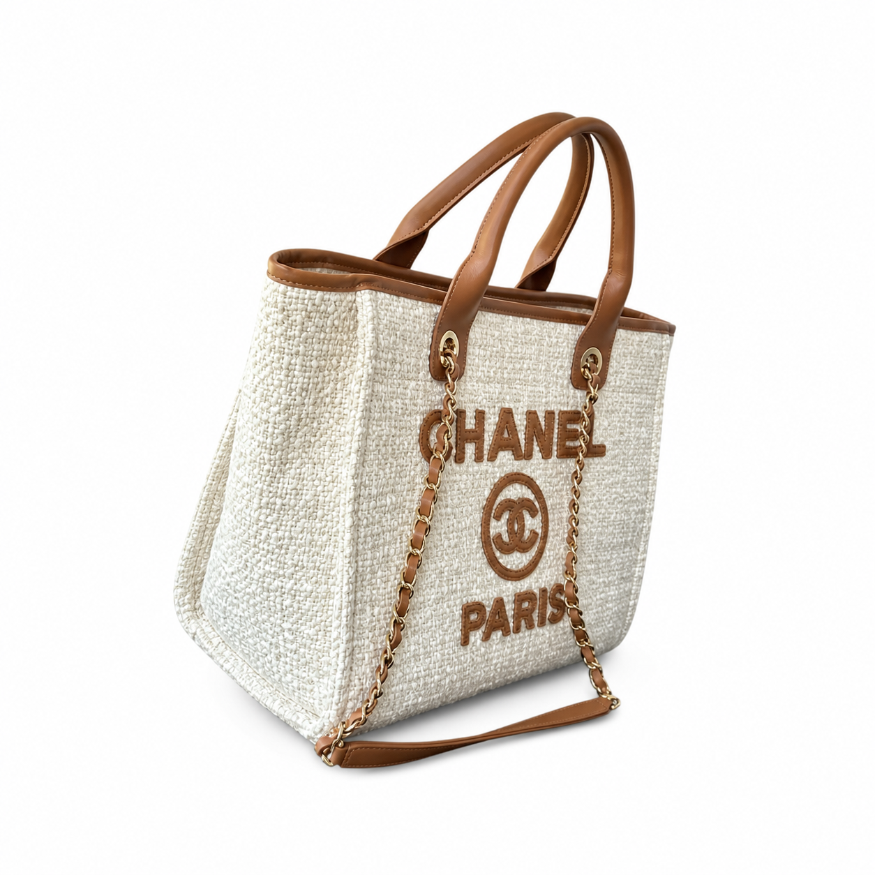 Chanel Deauville Tote Ivory Bouclé | Tan Leather CHANEL CC PARIS Appliqué & Gold Coin — 33cm