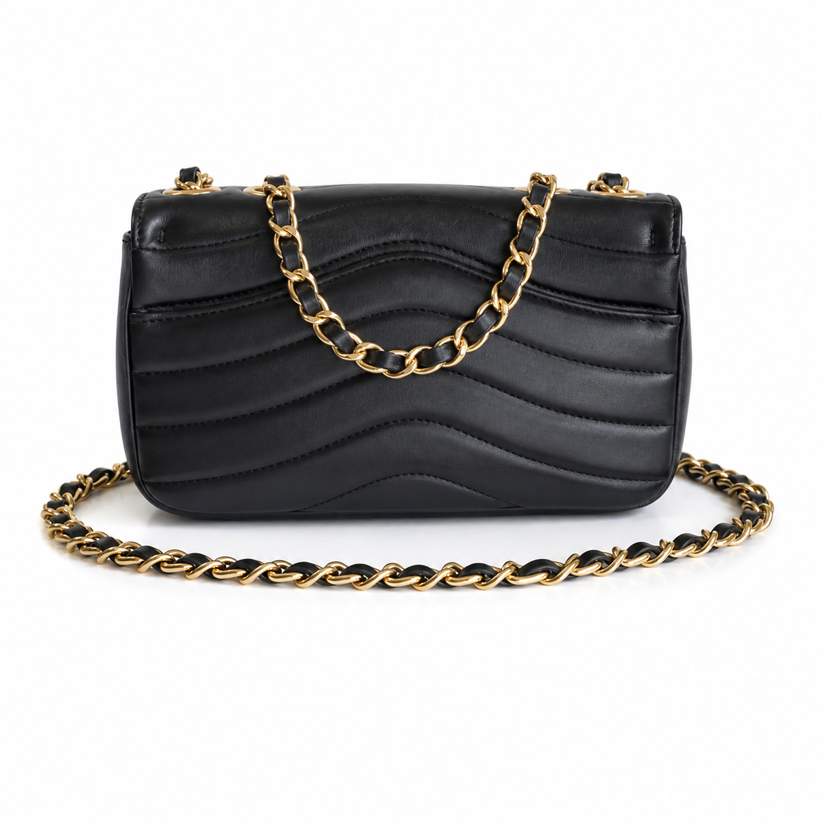 Chanel Wave-Quilted Mini Flap Black Lambskin | Gold CC Turn-Lock & Chain — 27cm