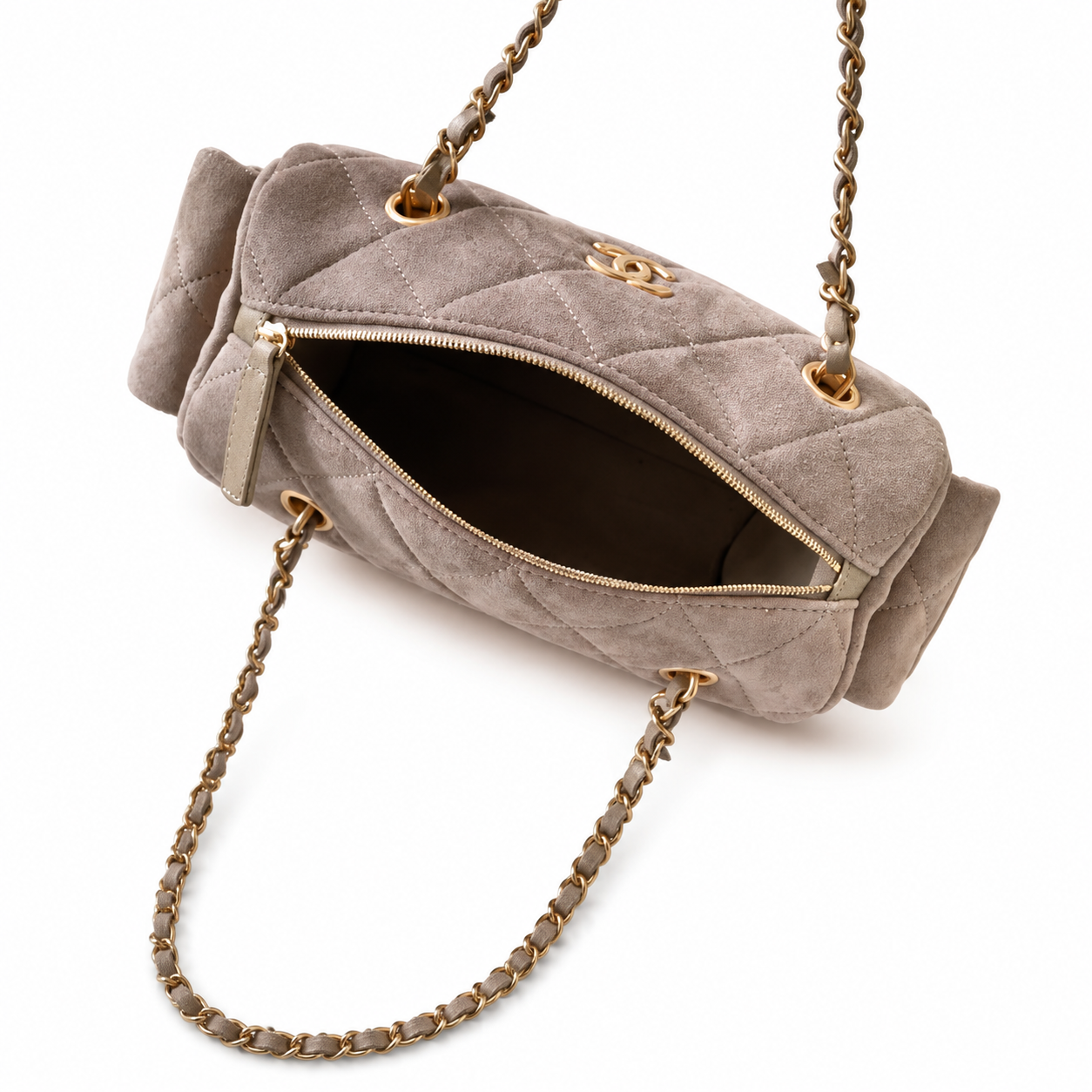 Chanel Warm Taupe Suede Quilted Camera Bag | Full-Length Gold Zipper, Dual Side Pockets & Double Chain