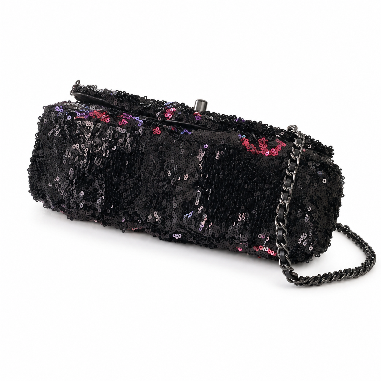 Chanel Black Sequin Graffiti Flap Bag | Neon Pink & Purple CHANEL COCO Text, Turquoise Accent & Gunmetal Chain