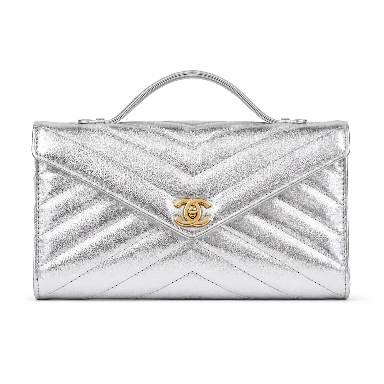 Chanel Silver Crinkled Metallic Envelope Bag | Chevron Quilting, Gold CC & Top Handle