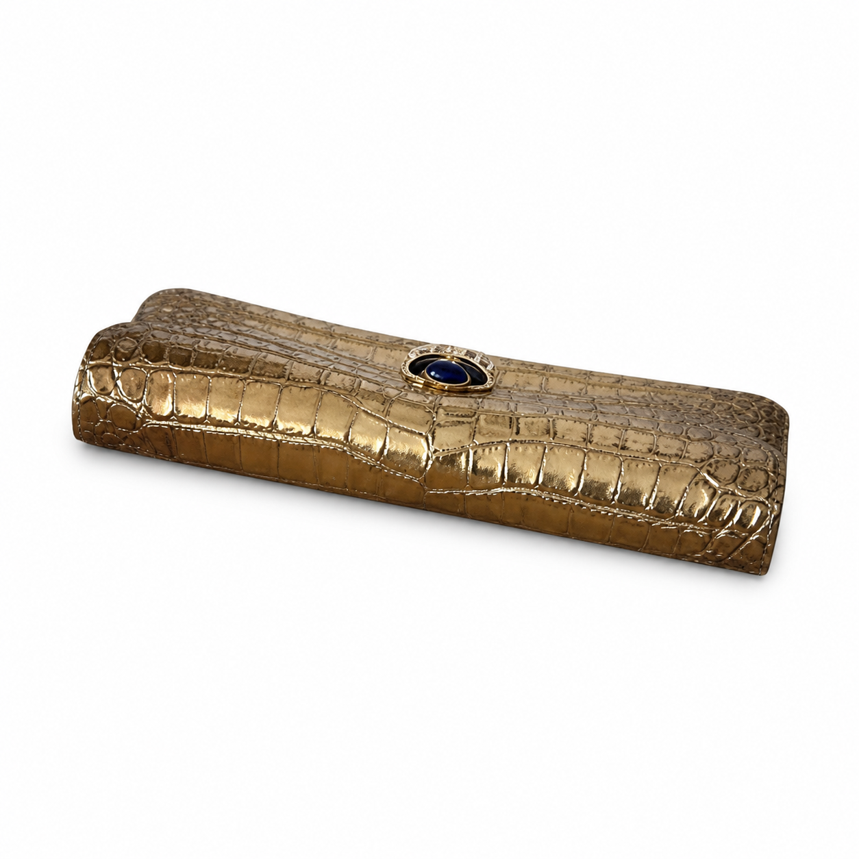 Chanel Gold Croc-Embossed Evening Clutch | Jeweled Scarab — Blue Lapis & Red Enamel Gold Star — 30cm
