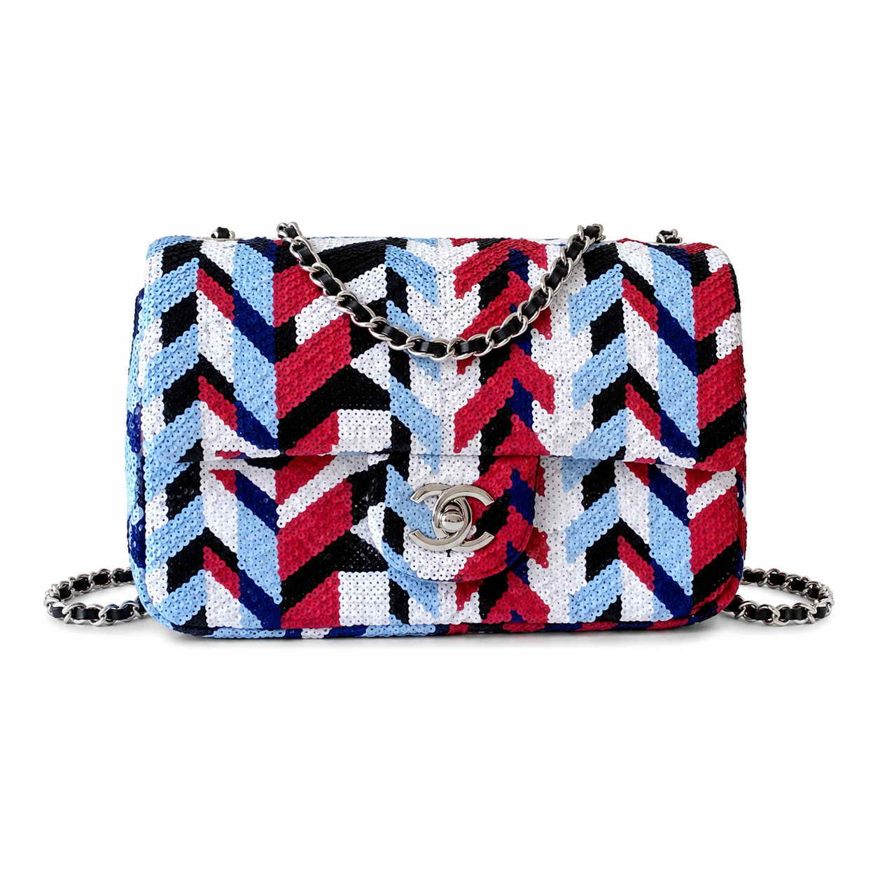 Chanel Oversized Chevron Sequin Flap Bag | Sky Blue, Red, Black & Navy Wrap-Around, Silver Ball CC & Navy Chain